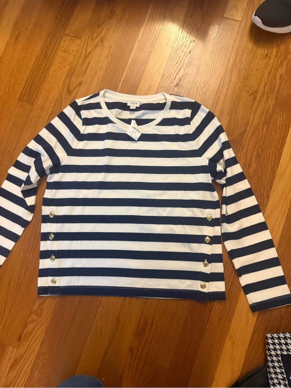 J.Crew Navy White Striped Long Sleeve Top Gold Button Detail Size M